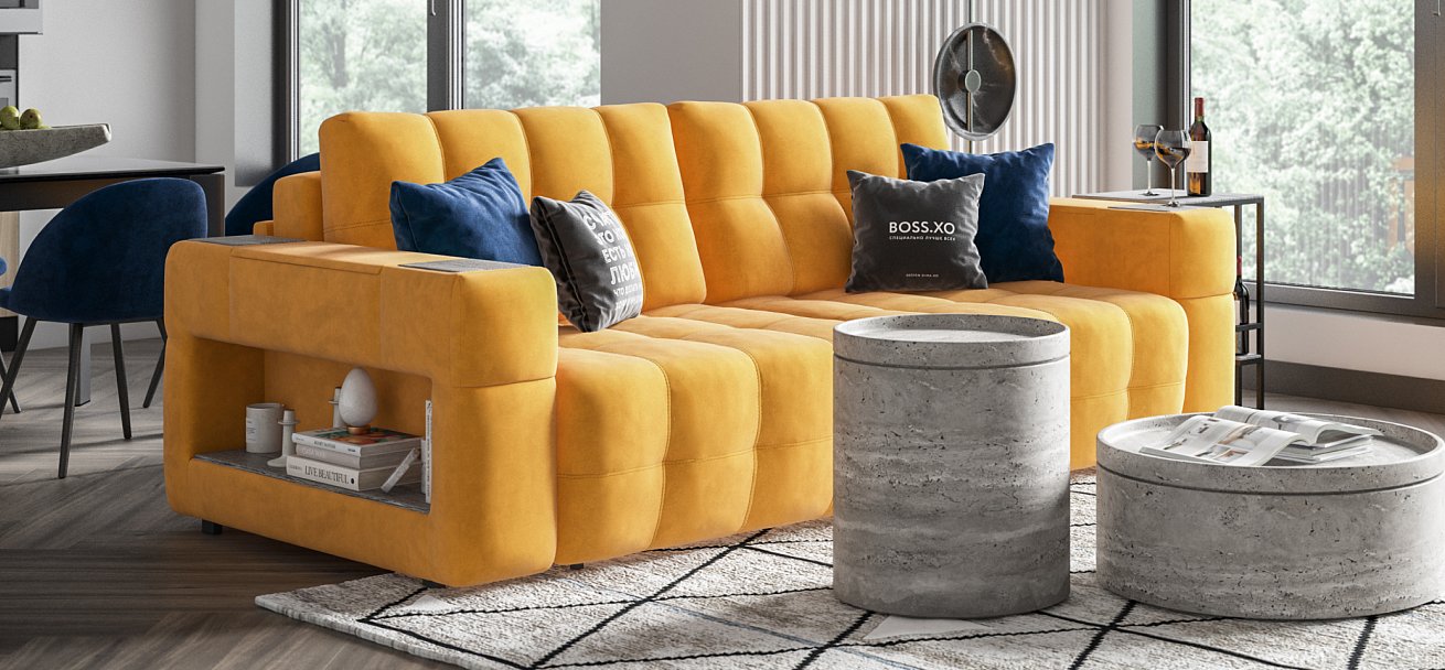 Диван Босс ХО велюр Монолит желтый / Камень