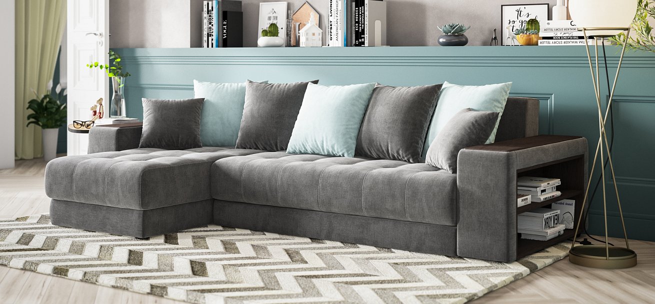 Угловой диван Дубай велюр Монолит серый, велюр Монолит аква