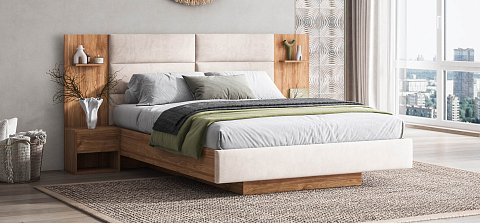 Босс Лофт Кровать+ПМ 160*200 велюр Монолит латте, Орех селект 2