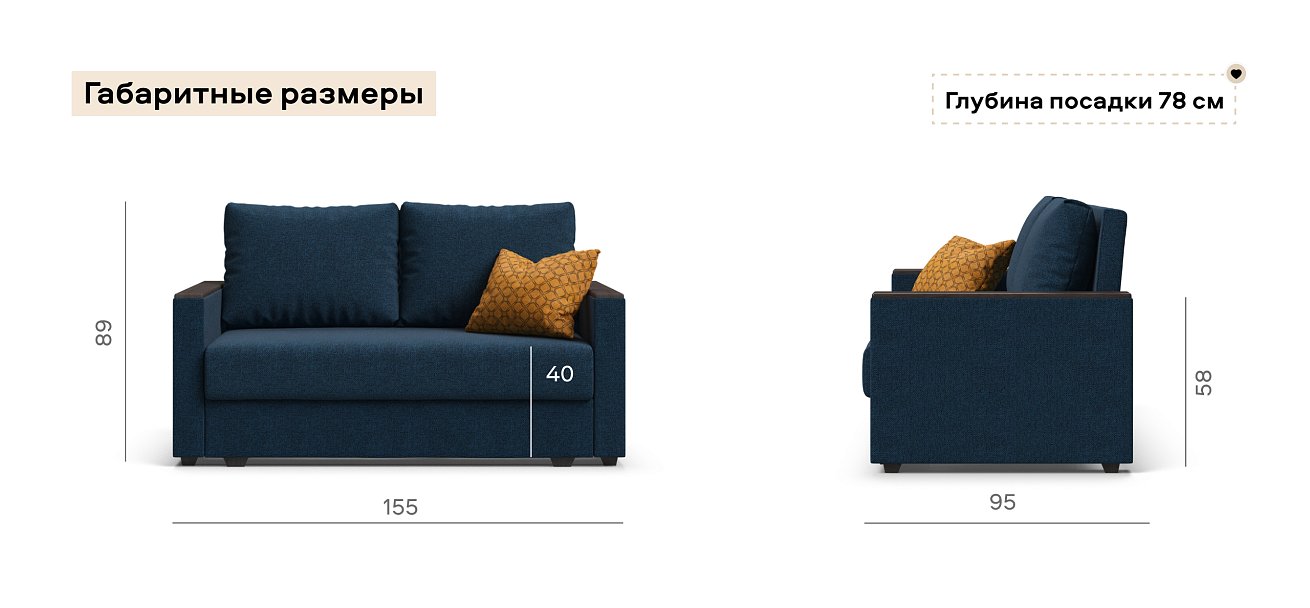 Диван Атланта двухместный Рогожка Мальмо синий