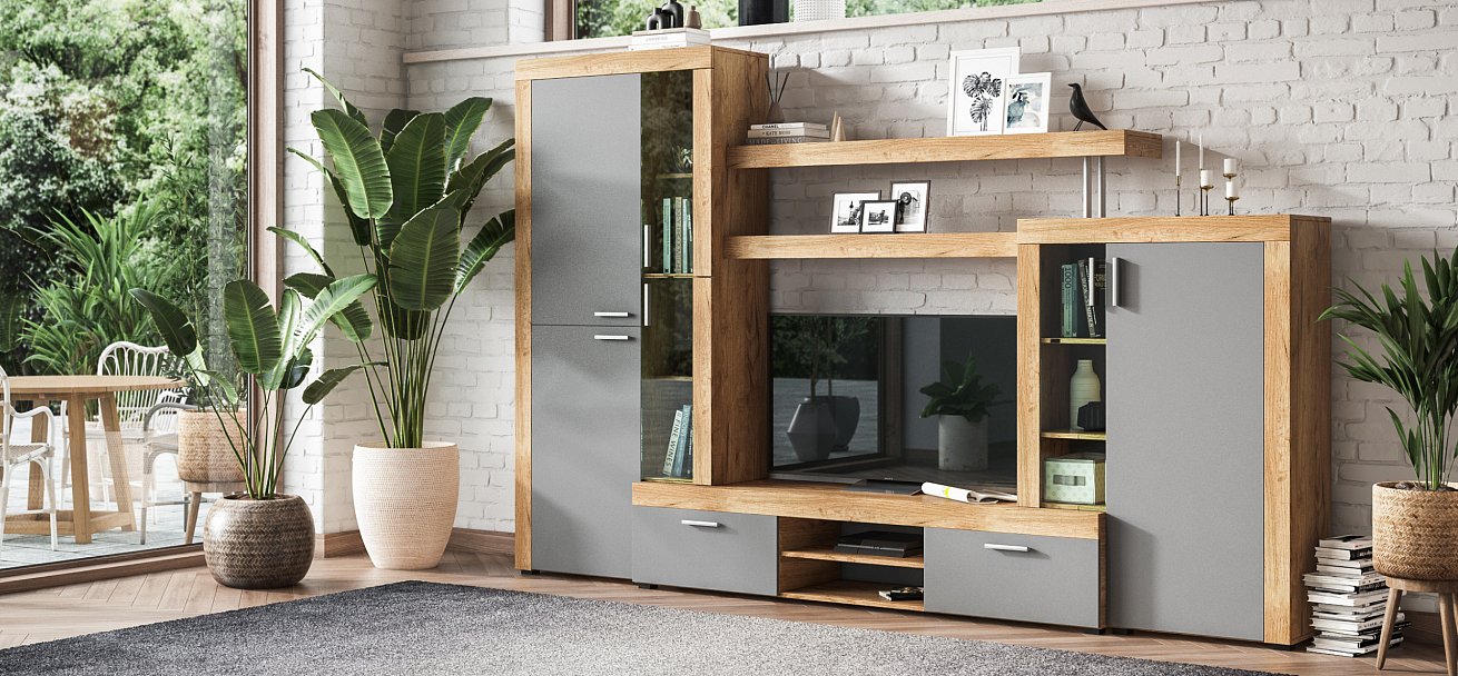 Стенка Монтана Крафт табачный, Серый графит