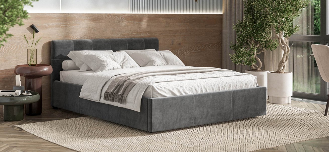 Белла Кровать+ПМ 160*200 велюр Монолит серый