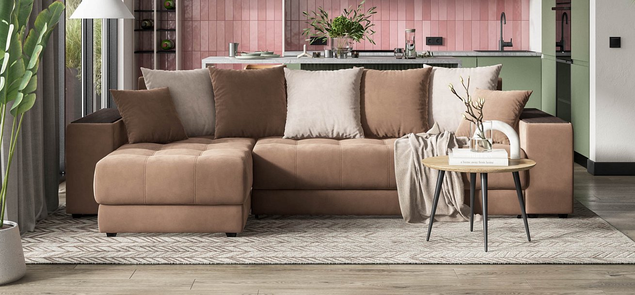 Угловой диван Дубай велюр Монолит мокко, велюр Монолит латте