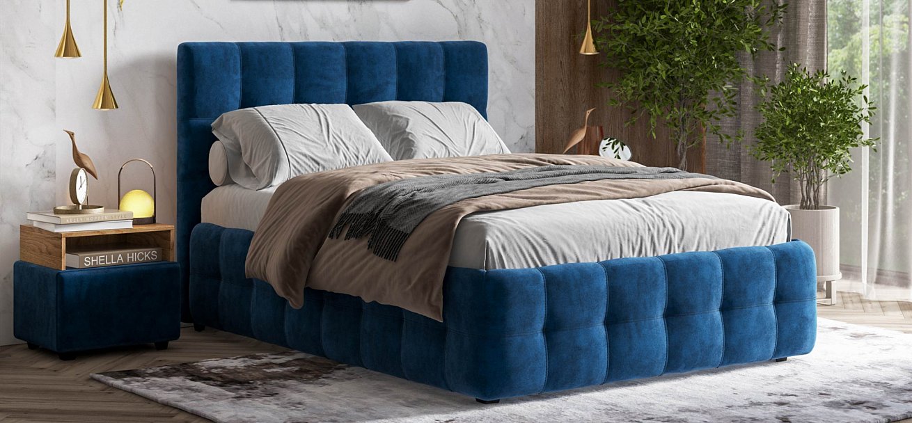 Босс Кровать+ПМ 140*200 велюр Монолит синий