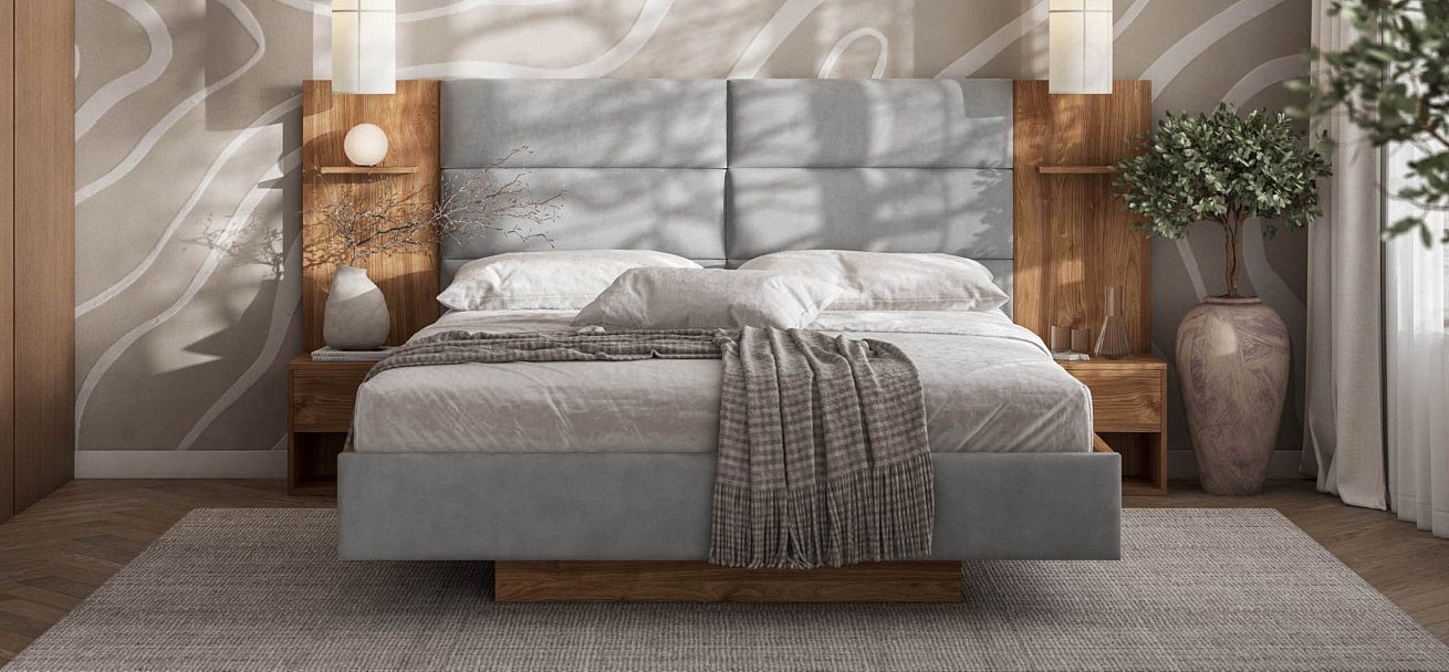 Босс Лофт Кровать+ПМ 160*200 велюр Монолит сталь, Орех селект