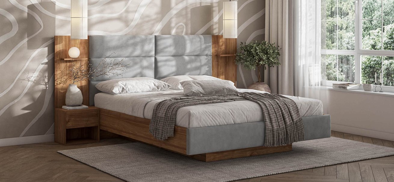 Босс Лофт Кровать+ПМ 160*200 велюр Монолит сталь, Орех селект