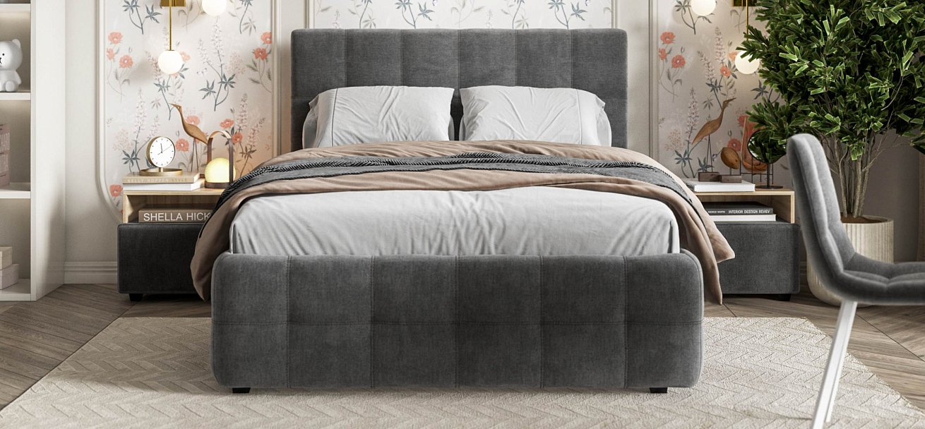 Босс Кровать+ПМ 140*200 велюр Монолит серый