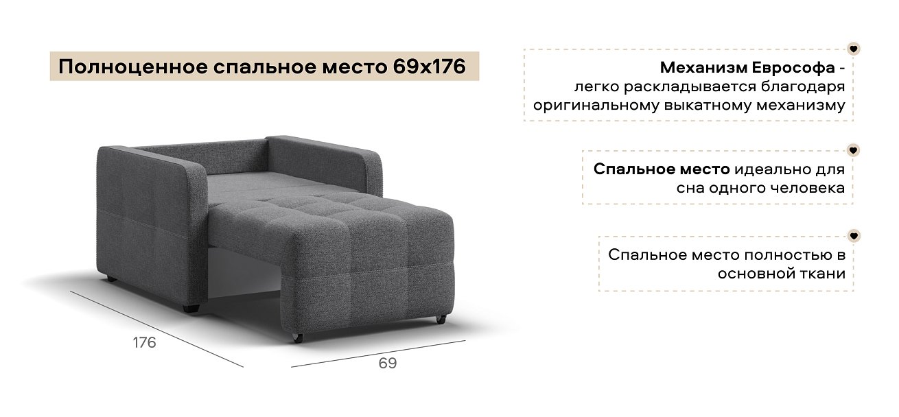 Кресло-кровать Денди Слим Рогожка Мальмо серый