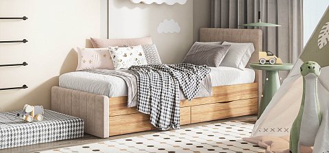 Лофт Мини Кровать 90*200	велюр Монолит латте, Орех селект 2