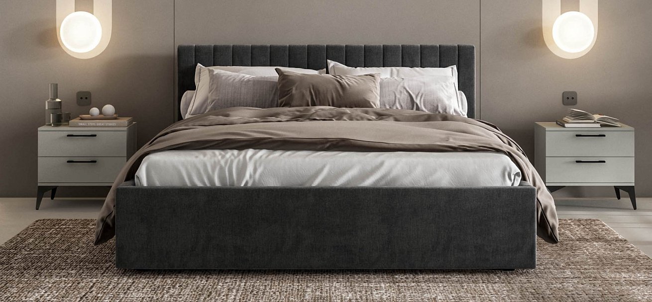 Ронда Кровать+ПМ 160*200 велюр Монолит серый