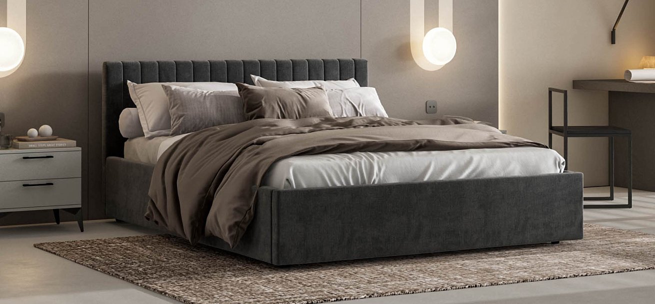 Ронда Кровать+ПМ 160*200 велюр Монолит серый