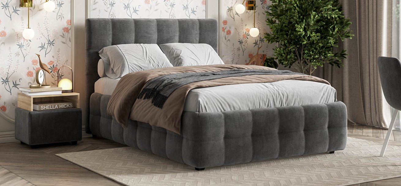 Босс Кровать+ПМ 140*200 велюр Монолит серый