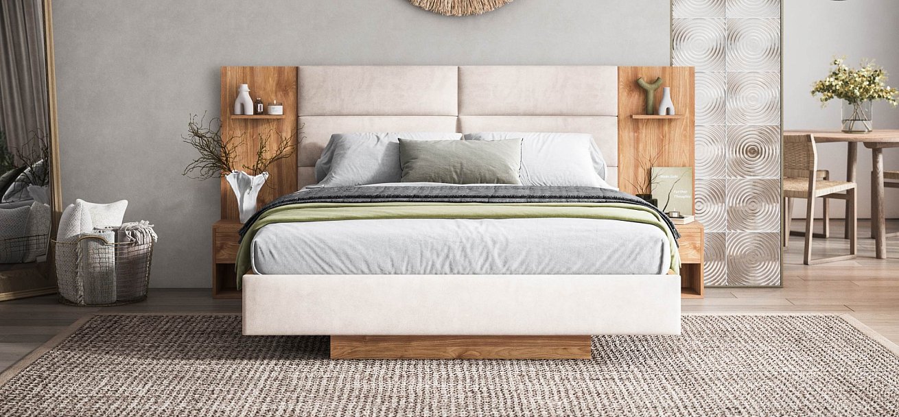 Босс Лофт Кровать+ПМ 160*200 велюр Монолит латте, Орех селект