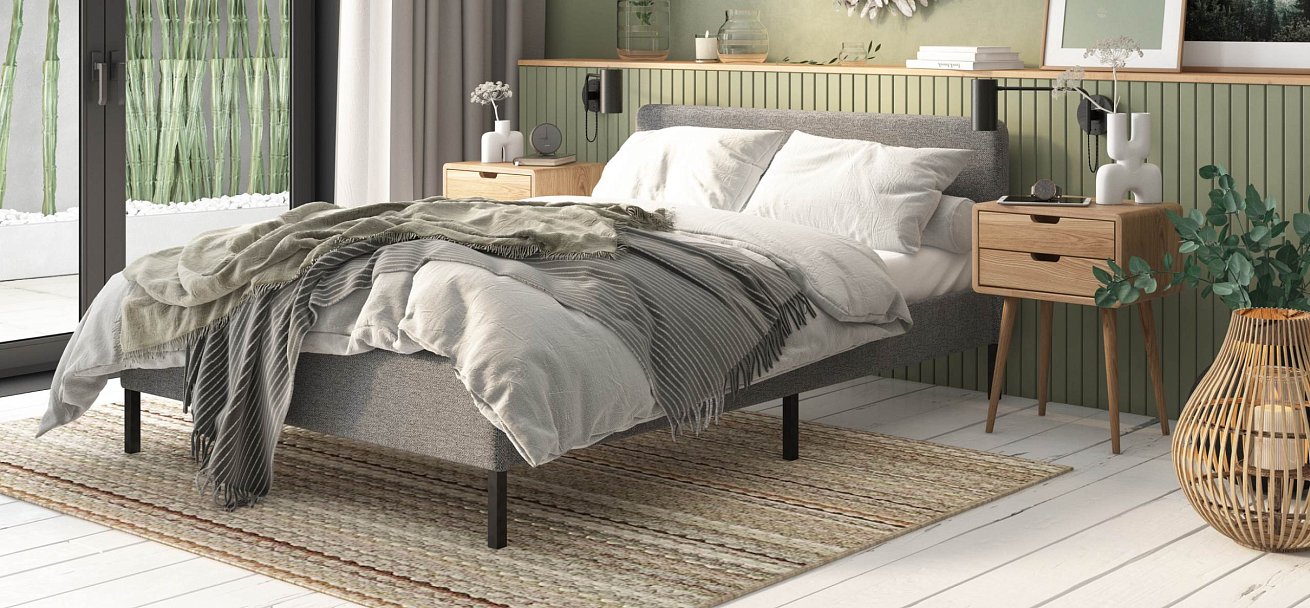 Уна Кровать 160*200Рогожка Мальмо серый, Чёрный