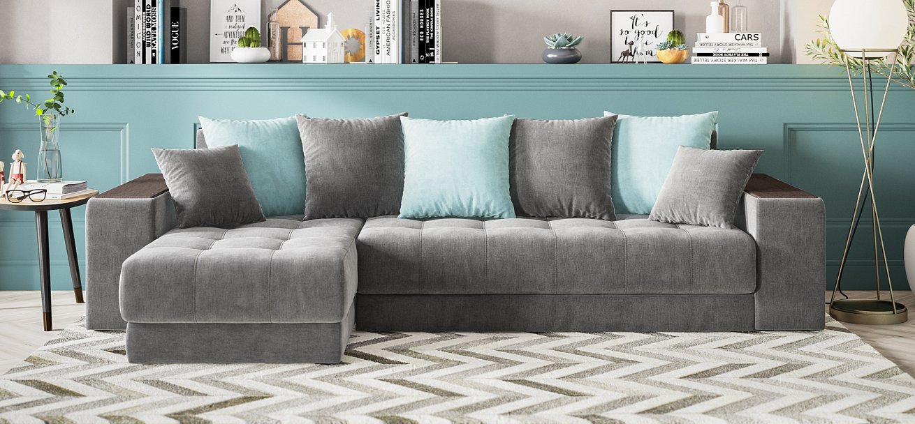 Угловой диван Дубай велюр Монолит серый, велюр Монолит аква