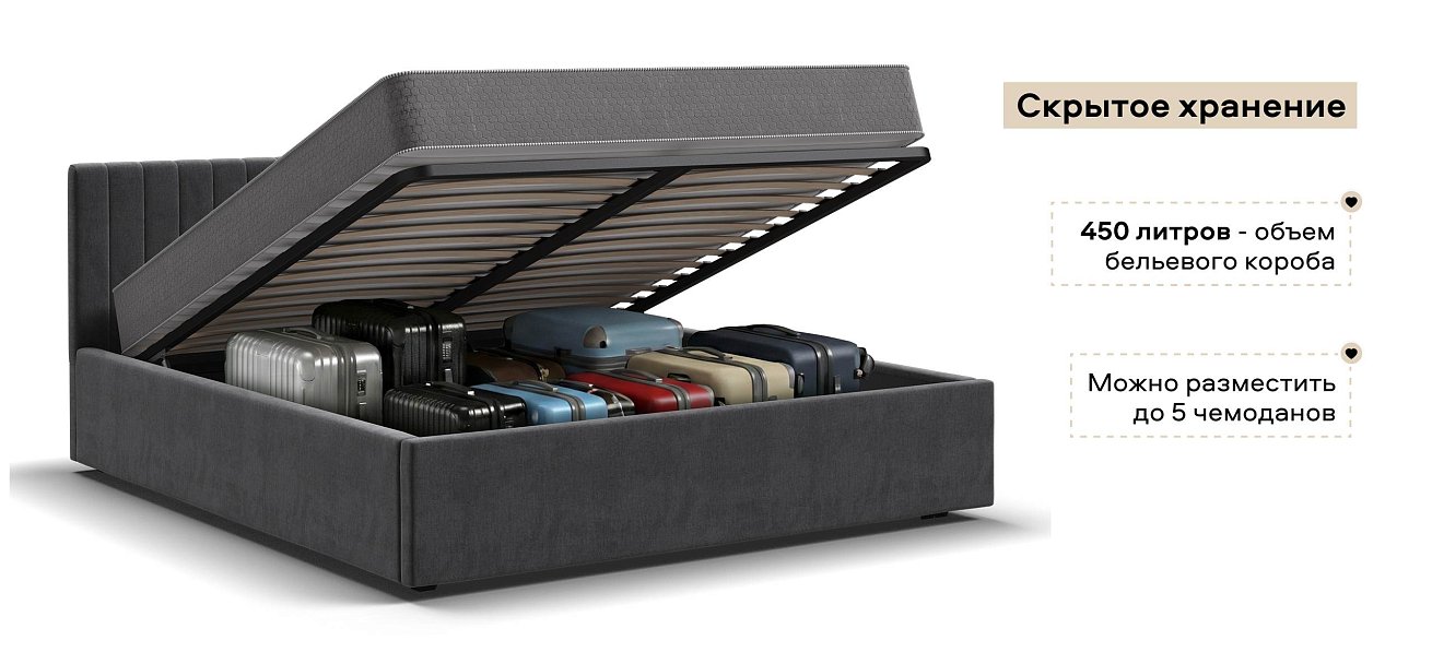 Ронда Кровать+ПМ 160*200 велюр Монолит серый